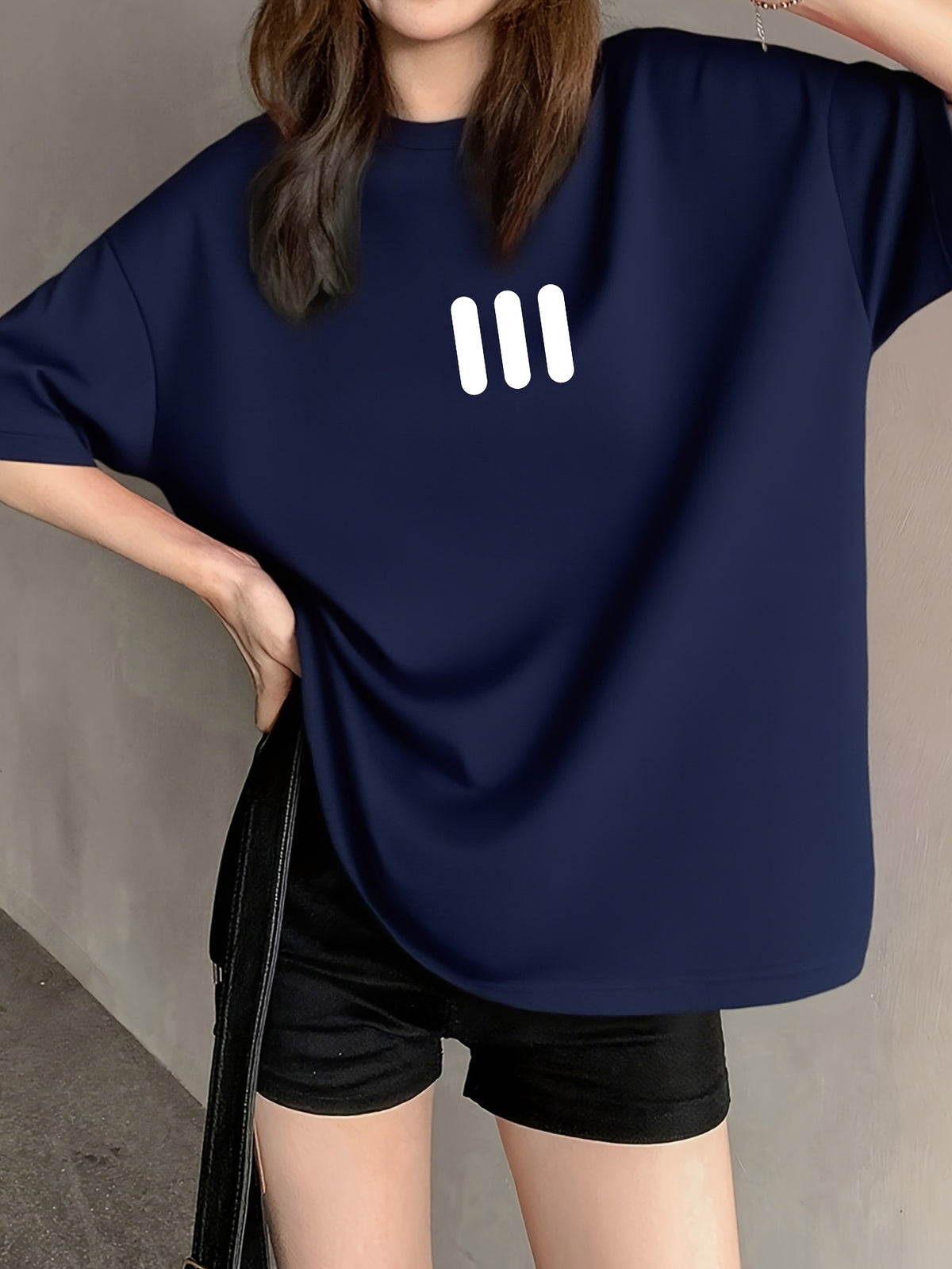 Vintage Fashion Short Sleeve T-Shirt for Women, Summer Cartoon Print Short Sleeve T-Shirt, Pure Short Sleeve T-Shirt Top, Unique Design Niche Chic Loose Fit Top Base Layer #3333 - Navy Color