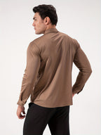 2pcs Set of Seamless Pressure Adhesive High-Elasticity Non-Iron Men'S Dress Shirt Long Sleeve Business Casual Formal Top, Material 88% Polyester 12% Spandex, Fabric Weight 160G, Casual - Khaki + Khaki