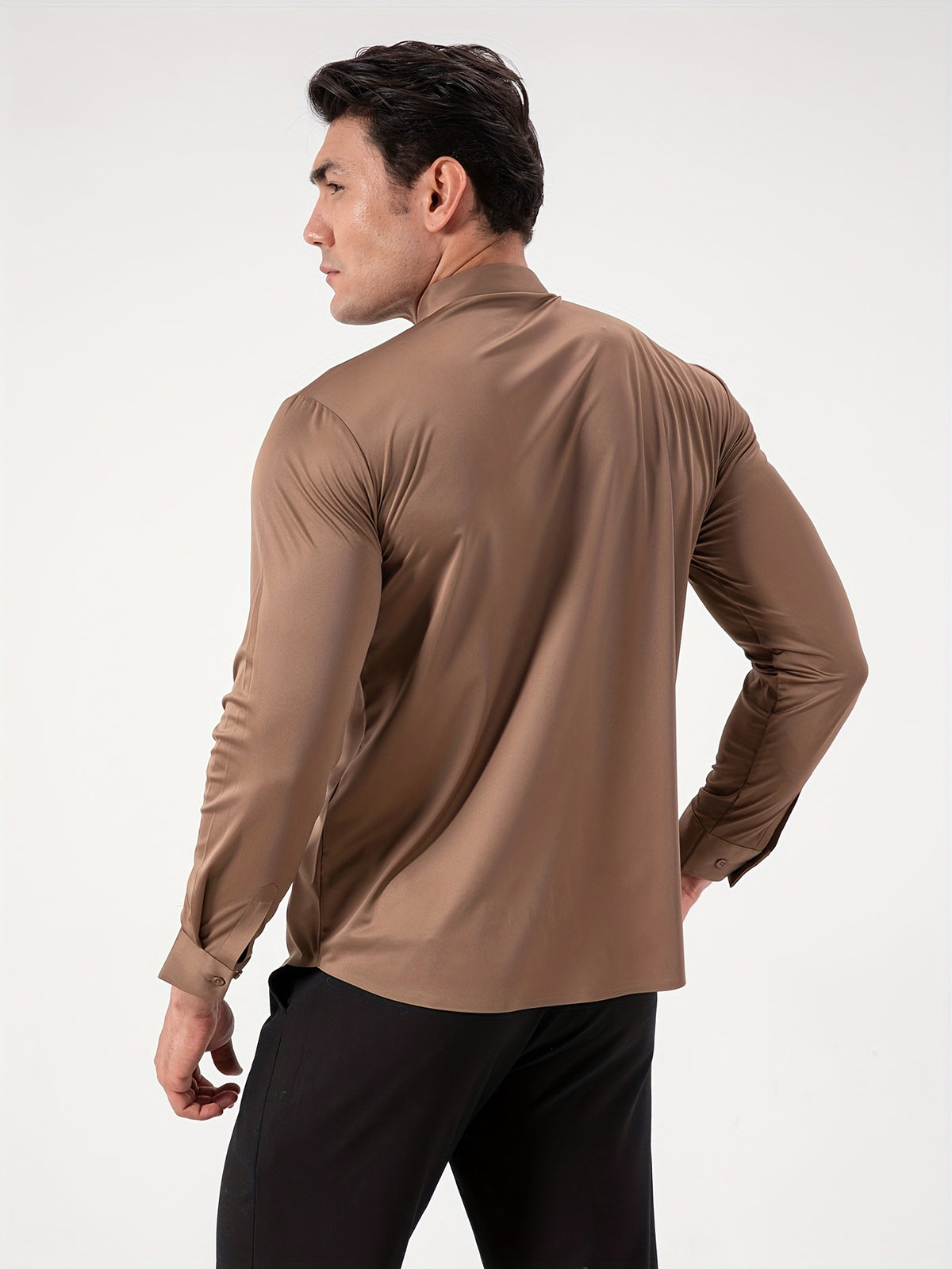 2pcs Set of Seamless Pressure Adhesive High-Elasticity Non-Iron Men'S Dress Shirt Long Sleeve Business Casual Formal Top, Material 88% Polyester 12% Spandex, Fabric Weight 160G, Casual - Khaki + Khaki