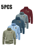 Men'S 5pcs Versatile Basic Fleece Sweatshirt, Half-Zip Stand-Up Collar Autumn And Winter Long-Sleeved Top - Mint Green + Navy Blue + Slate Blue + Sky Blue + Deep Red