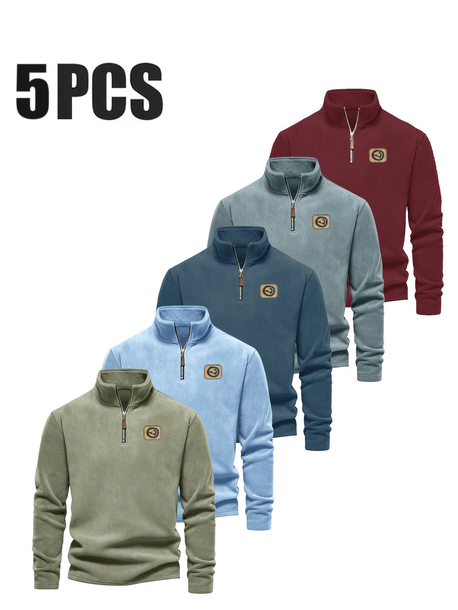 Men'S 5pcs Versatile Basic Fleece Sweatshirt, Half-Zip Stand-Up Collar Autumn And Winter Long-Sleeved Top - Mint Green + Navy Blue + Slate Blue + Sky Blue + Deep Red