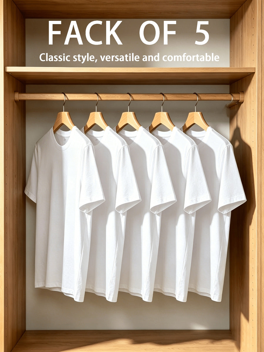 5pcs Set, 5pcs, Solid Color Round-Neck Fashionable Easy Slim-Fit Loose Short-Sleeve T-Shirt, Summer/Spring Women'S 5pcs Top Set, Available in Small Or - White