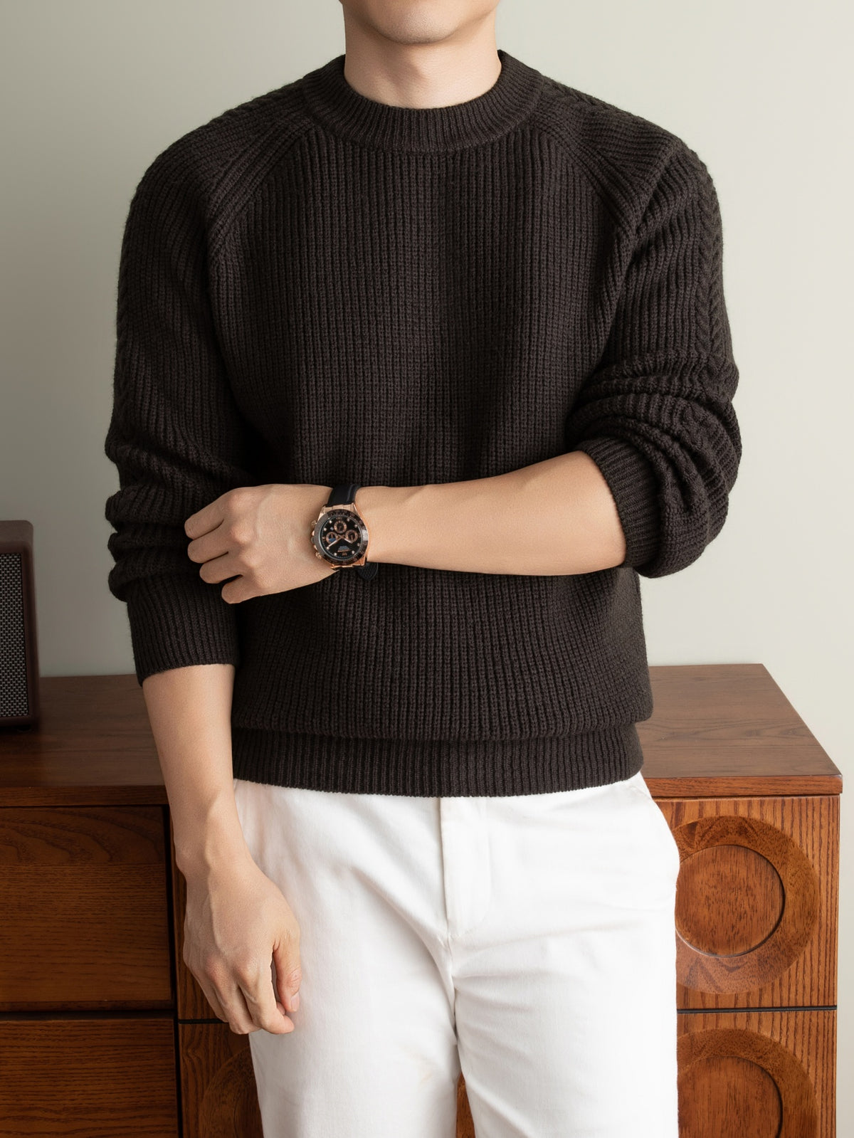 Winter New Round Neck Long Sleeve Thick Warm Men'S Sweater Off-Shoulder Style All-Match Casual Knit Top, Easy And Cool Base Layer Men'S Top, Comfortable And Breathable, Skin-Friendly Cold-Proof Pullover Clothing HF1193 - Coffee Brown