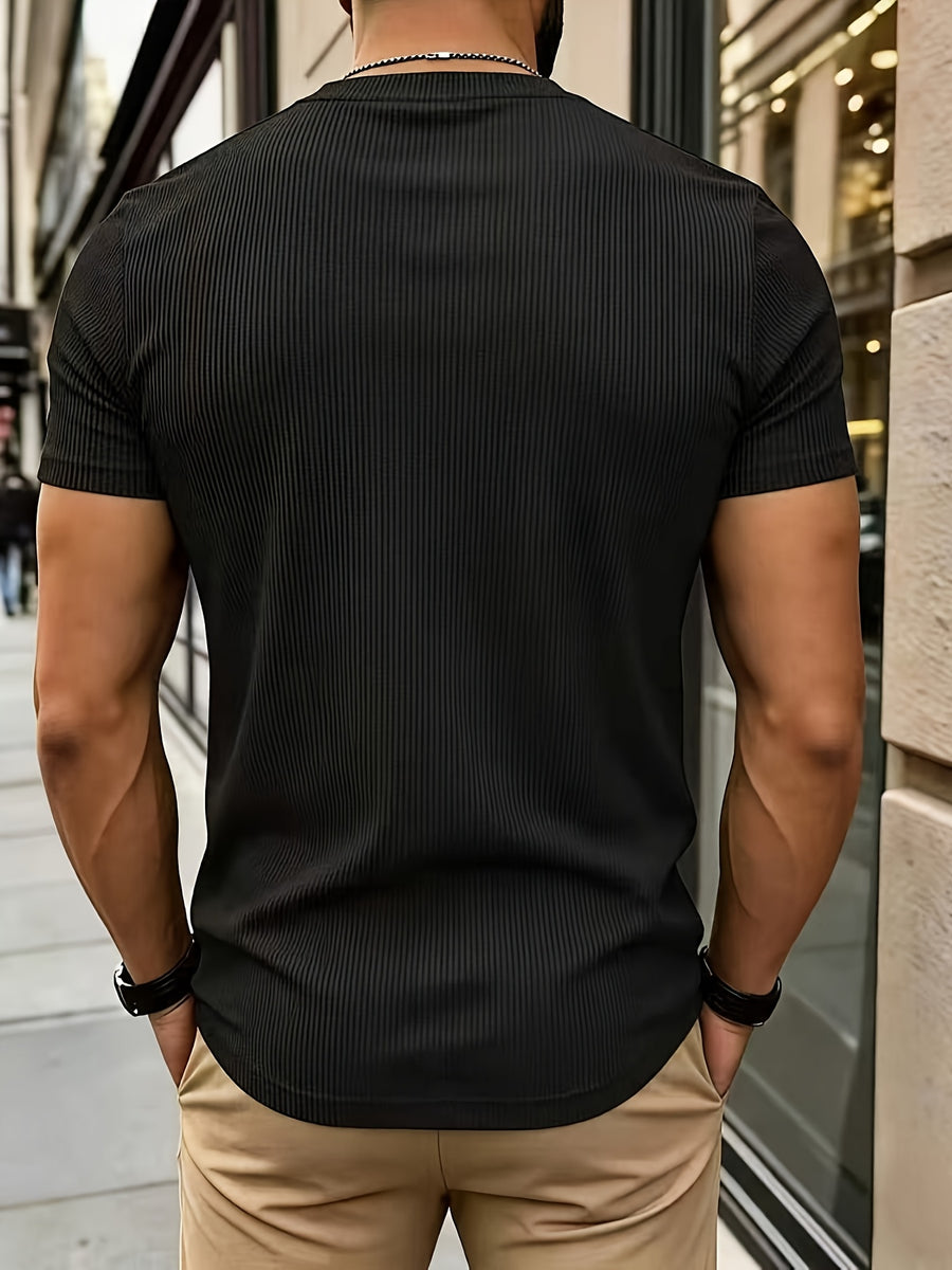 Qiao Ximei Selected Product Henry Collar Shirt 2026 Cross-Border Trendy Ribbed Short Sleeve - Black