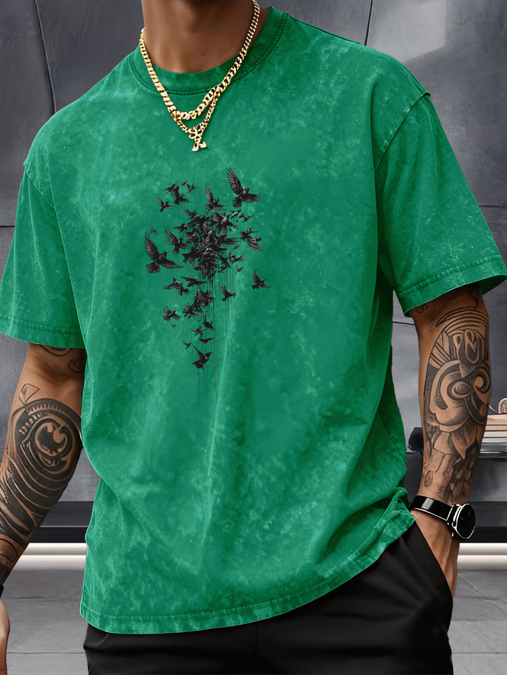 Short Sleeve Top, Pure Washed Distressed Loose Short Sleeve, Raven Flying Bird Front And Back Trendy Print Casual Match, American Street High Street Hip-Hop Couple Style, Daily Outing Commute Sports Fitness Street Style Y2K National Trend T-Shirt - Green