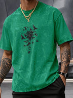Short Sleeve Top, Pure Washed Distressed Loose Short Sleeve, Raven Flying Bird Front And Back Trendy Print Casual Match, American Street High Street Hip-Hop Couple Style, Daily Outing Commute Sports Fitness Street Style Y2K National Trend T-Shirt - Green