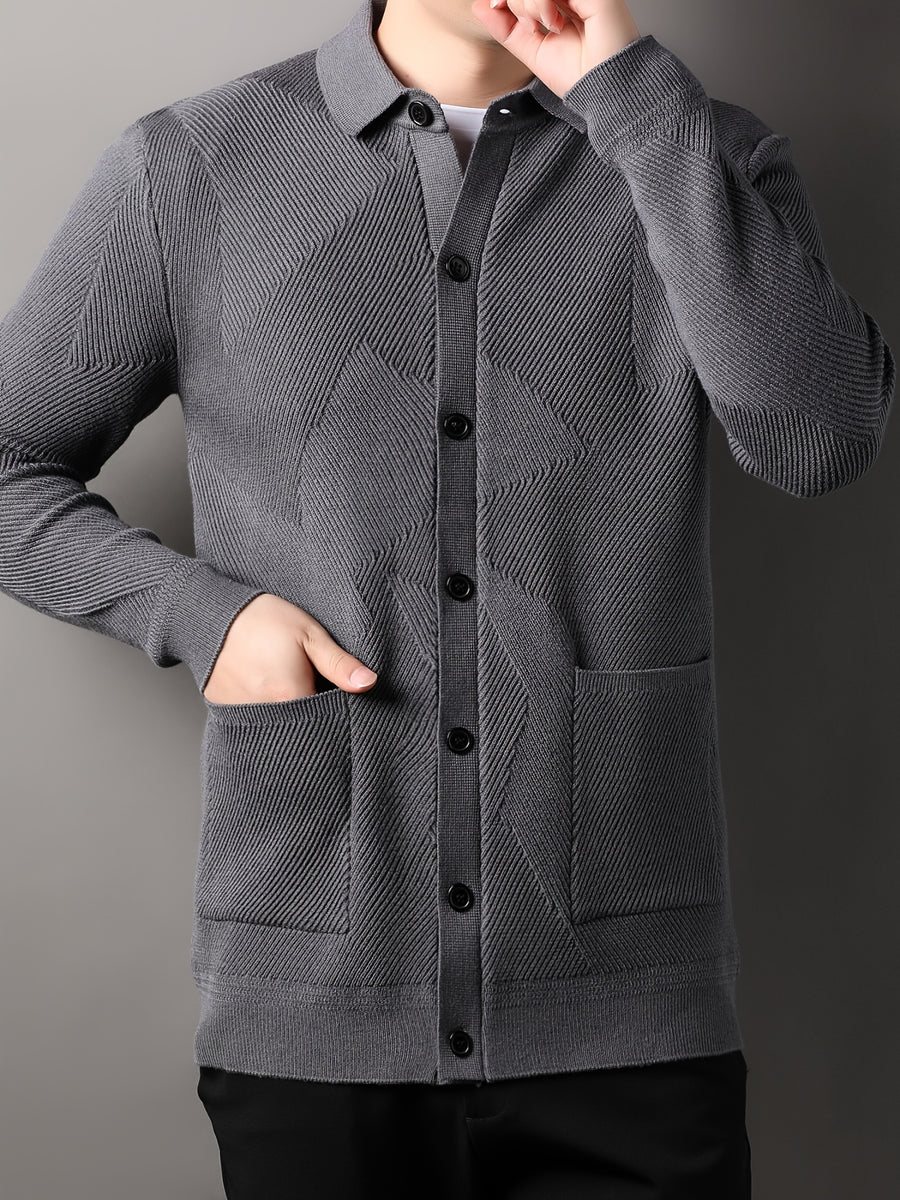 Du Jing Lan OBM Men's Autumn/Winter New Arrival Knitted Cardigan, Old Money Style Solid Color Lapel Pocket Open Front Single-Breasted Knit Cardigan, Men's Business Casual Fashion Open Front Knit Cardigan Top, Suitable for Layering in Spring - Grey