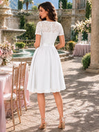 Women's Elegant Lace V-Neck Short Sleeve Chiffon A-Line Wedding Party Short Dress - White