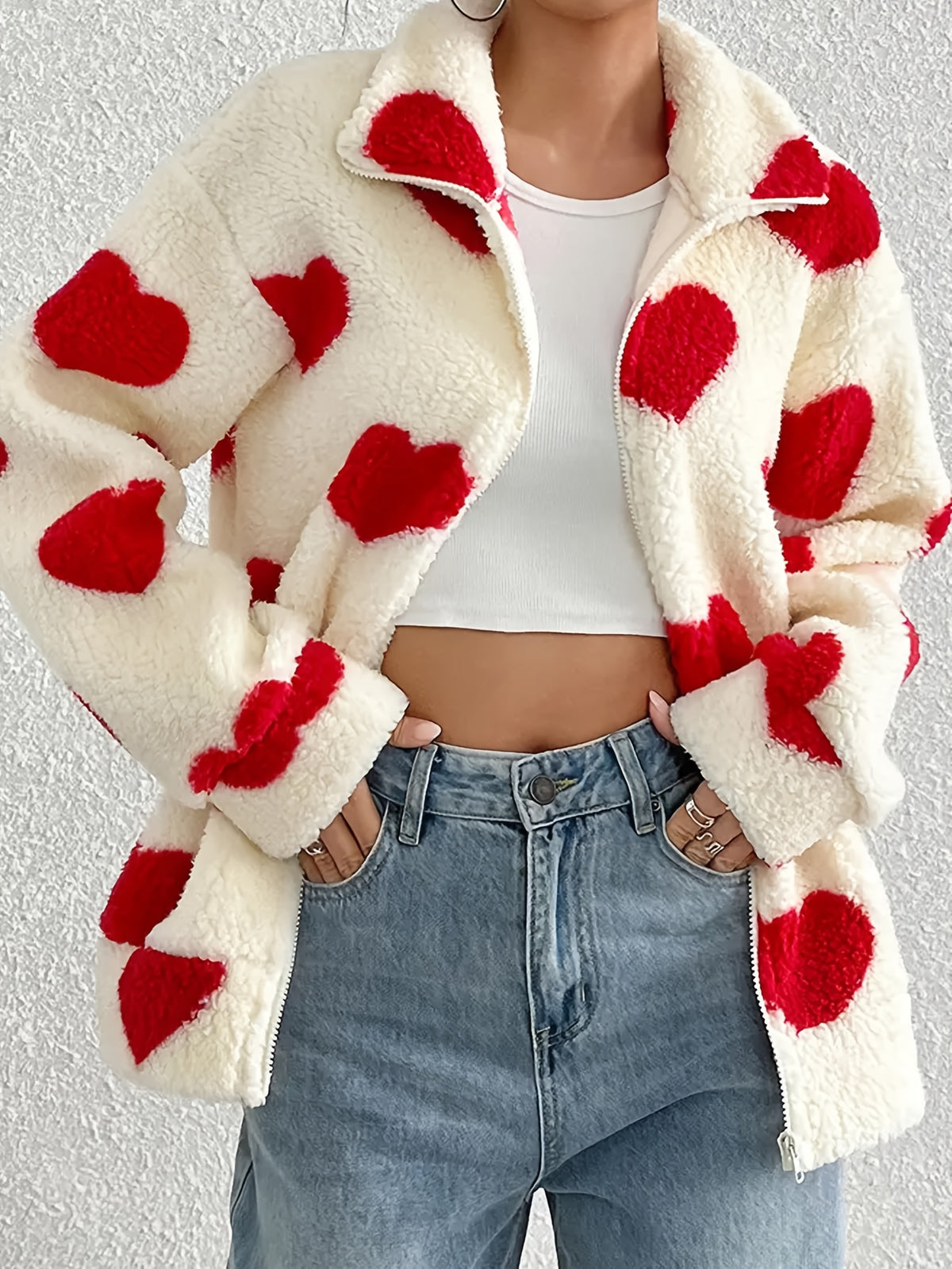 Women'S Winter Coat - Red Heart Print Fleece Jacket, Long Sleeve Zippered Coat, Machine Washable for Casual And Formal Occasions, Women'S Warm Winter Wear - Multicolor