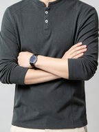 Men's Henley Neck Long Sleeve Base Layer Shirt, Slim Fit but Not Tight, Suitable for Middle-Aged Men, with a Light Business-Casual Vibe. -SINBOS - Dark Gray