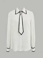 Women'S New Black And White Color-Blocked Piping Knotted Elegant Long-Sleeved Shirt Top - White