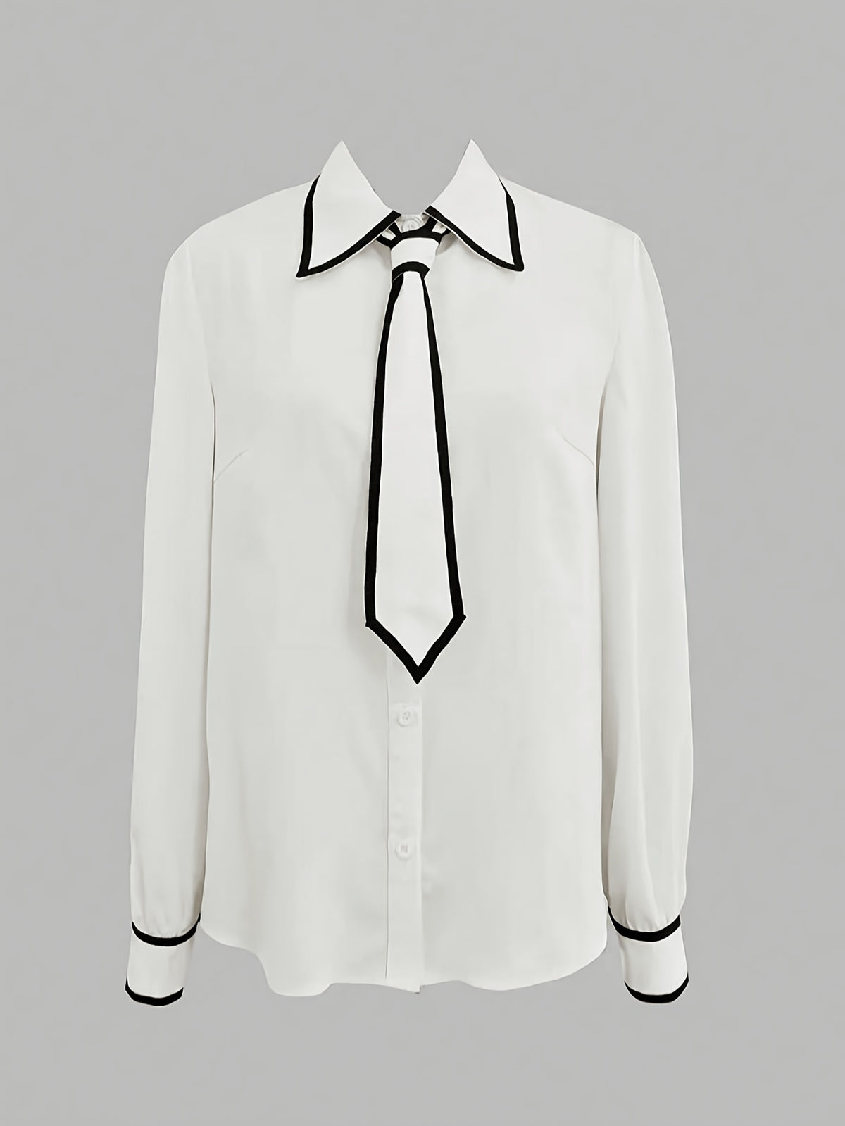 Women'S New Black And White Color-Blocked Piping Knotted Elegant Long-Sleeved Shirt Top - White