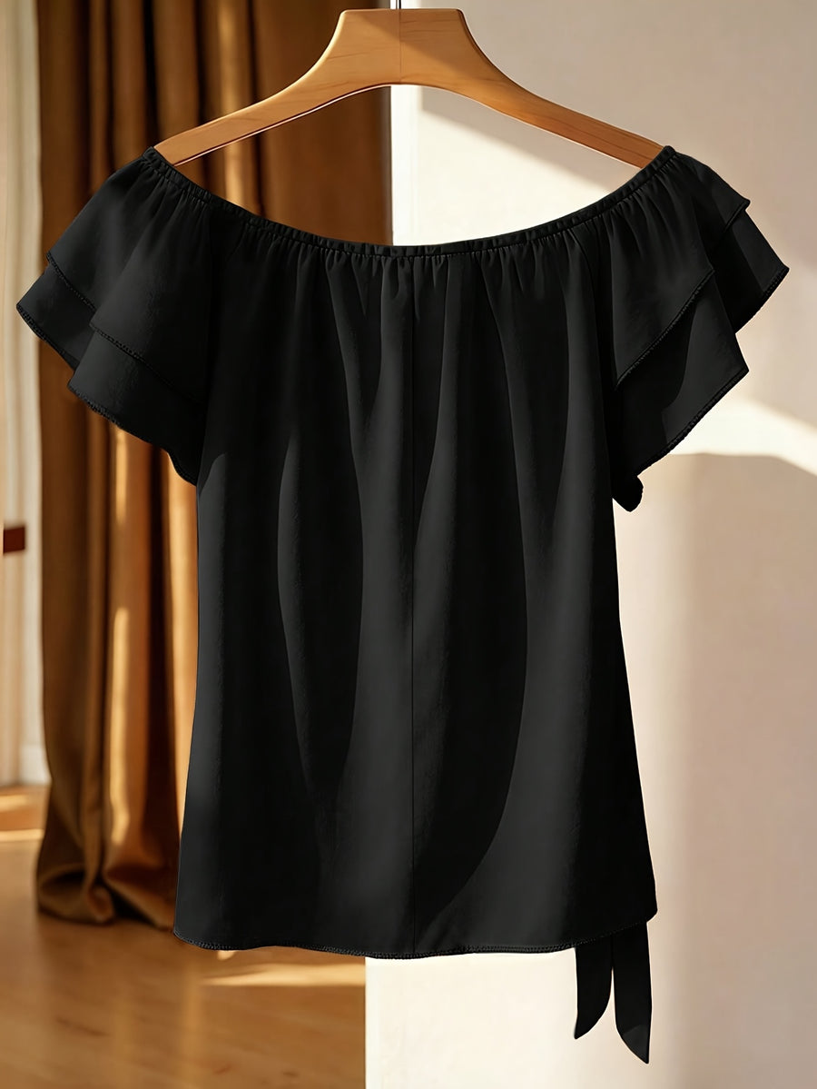 Women's New Summer Style Simple and Fashionable Casual Solid Color Off-Shoulder Tie Hem Fitted Shirt - Black