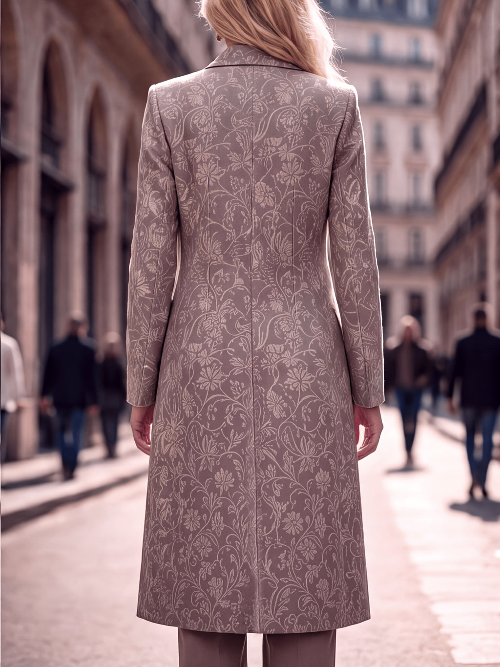 Women'S Spring Autumn New Vintage Printed Long Blazer, Double-Breasted Coat with Lining And Pockets - Mushroom Gray Brown