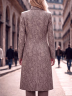 Women'S Spring Autumn New Vintage Printed Long Blazer, Double-Breasted Coat with Lining And Pockets - Mushroom Gray Brown