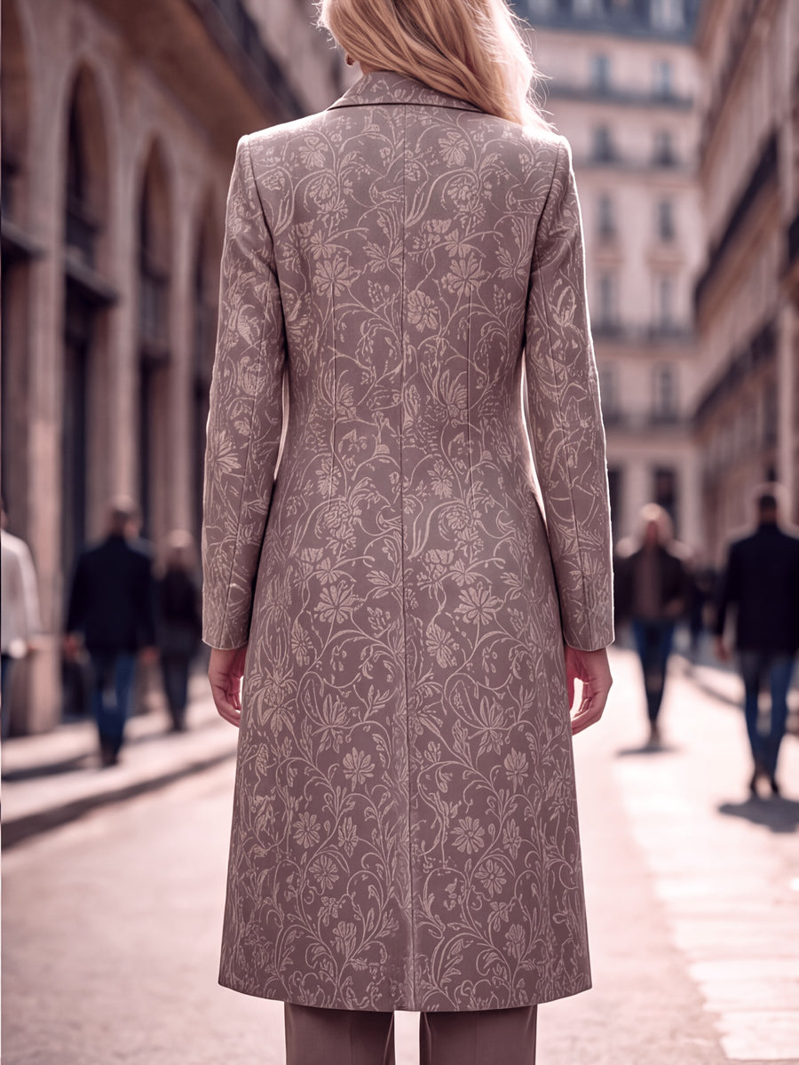 Women'S Spring Autumn New Vintage Printed Long Blazer, Double-Breasted Coat with Lining And Pockets - Mushroom Gray Brown