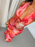 Sexy Halter Neck Maxi Dress for Women - Coral Pink Floral Print Cutout Bodycon Mermaid Evening Party Dress - Dark Pink