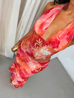 Sexy Halter Neck Maxi Dress for Women - Coral Pink Floral Print Cutout Bodycon Mermaid Evening Party Dress - Dark Pink