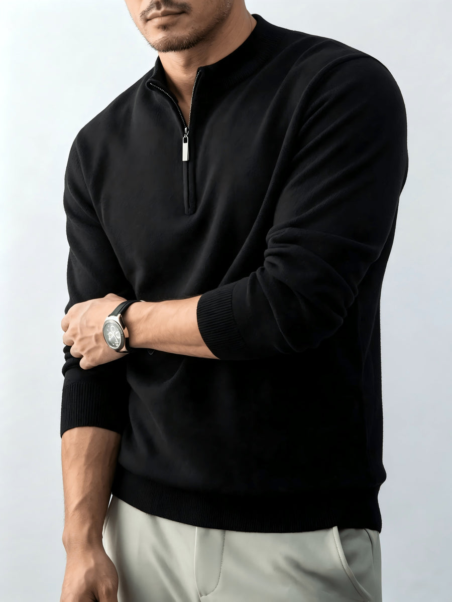 Fall Winter Men'S Half-Zipper Stand-Collar Knit Pullover, Classic Long Sleeve Fit for Casual Social Wear, Daily Commute, Light Business Meeting, Casual Gathering - Black