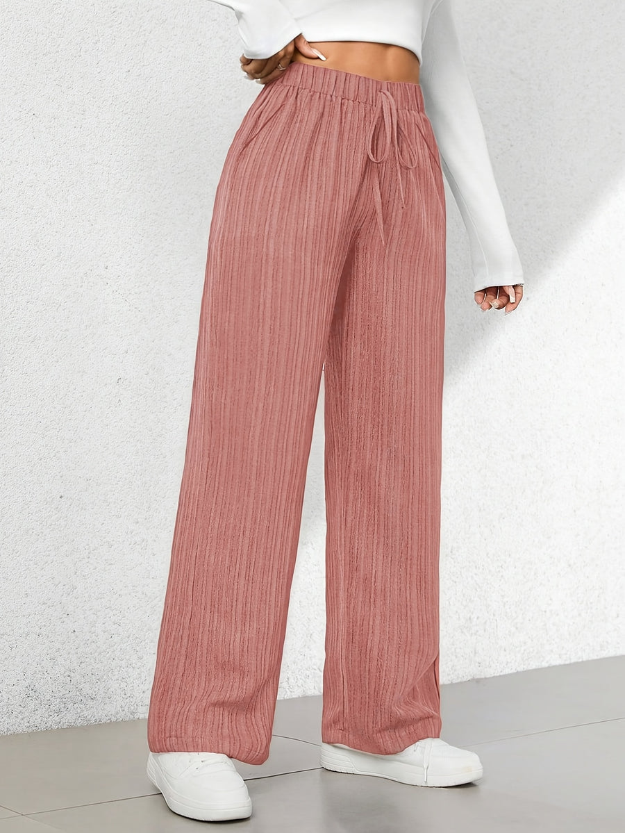 Women's Elegant Straight-leg Trousers with Tree Grain Wrinkle-texture Micro-stretch Fabric, Featuring a Comfortable Elastic Waistband with Drawstring Detail and Side Slant Pockets. Suitable for All Seasons - Peach