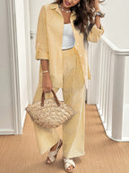 Women'S New Summer Autumn Set, Thin Stripe Shirt And Wide-Leg Pants Set, Lapel Off-Shoulder Long Sleeve Shirt And High-Waist Drapey Wide-Leg Trousers 2pcs Set, Cool Summer Women'S Clothing, Suitable for Festivals, Parties, And Commuting - Yellowish-brown