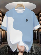 Printed Design – Not Textured/Embroidery/Sequins/Flat Print, No Accessories/White Slightly Sheer Fresh Japanese-Style Men's Clothing Light Blue and Irregular Wave Patchwork Chest Print Small Logo Trendy Short-Sleeve T-Shirt - Mixed colors