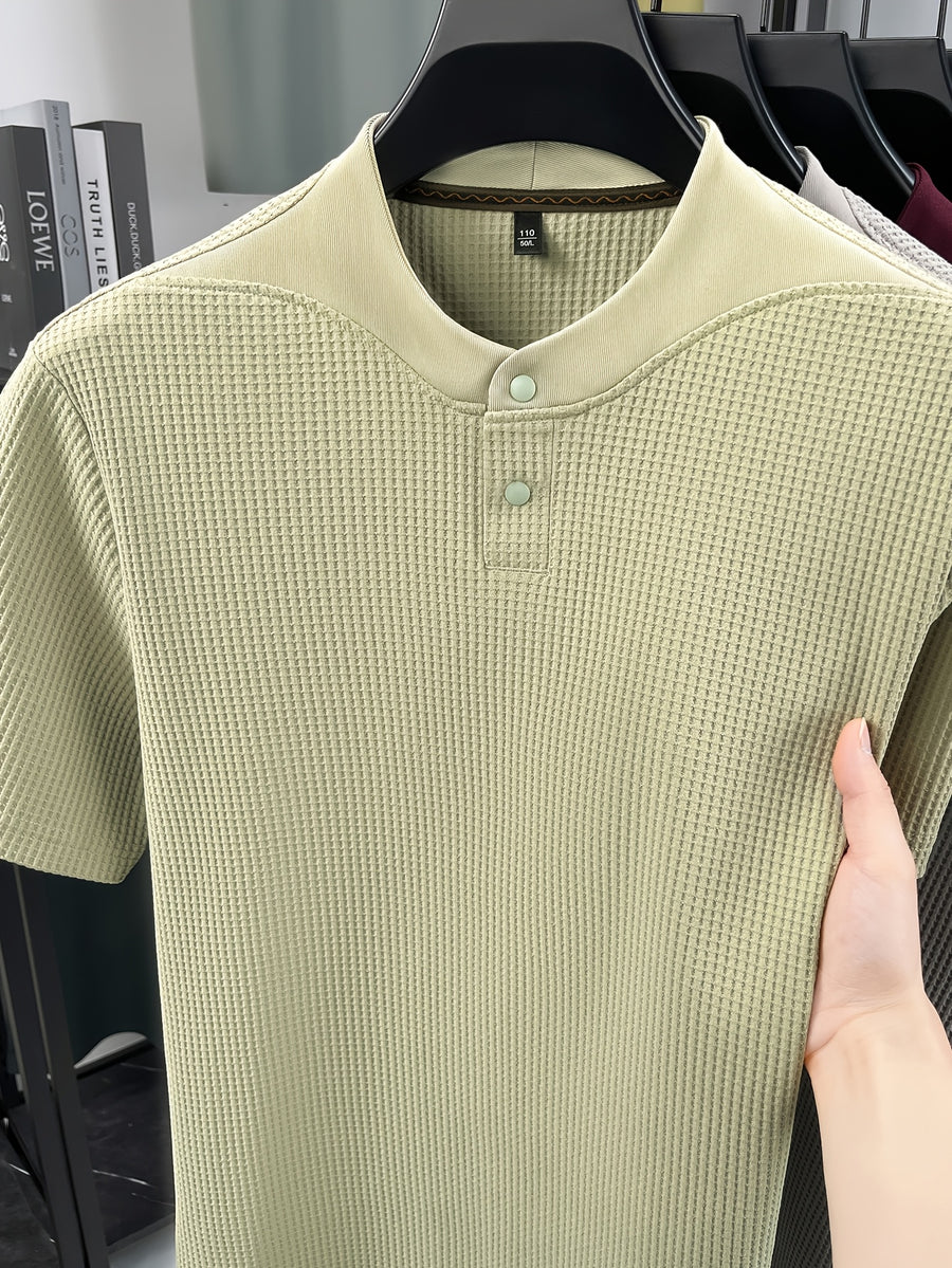 New Summer Style Men's Short-Sleeve Polo T-Shirt with Small V-Neck and Two-Button Placket, Fashionable and Versatile Sporty Casual Men's Apparel, Skin-Friendly, Comfortable, Stylish, Slimming, and Breathable, HF66180 - Green