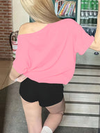 Women'S Casual Off-Shoulder Short Sleeve Number Print Pattern T-Shirt, Slouchy Casual Short Sleeve, Regular Loose Summer Short Sleeve Top - Pink