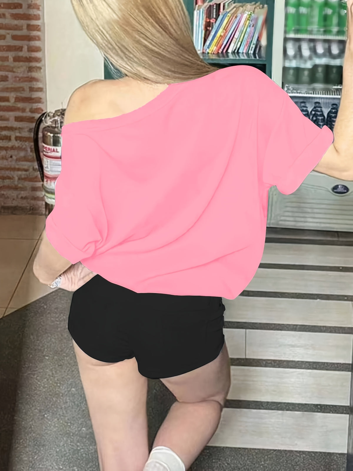 Women'S Casual Off-Shoulder Short Sleeve Number Print Pattern T-Shirt, Slouchy Casual Short Sleeve, Regular Loose Summer Short Sleeve Top - Pink