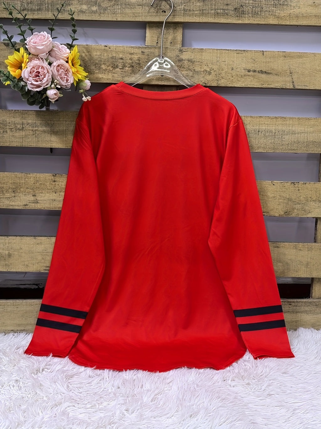 Autumn and Winter New European & American Style Women's "251.46cm Number Print Loose Casual Long Sleeve Top - Red