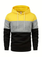 [Shule Shui OBM] "Men's Fashion Sweatshirt" New High-Quality Men's Sweatshirt, Soft and Skin-Friendly, Durable and Retains Shape, Three-Color Patchwork for Stylish Daily Sports and Leisure, Trendy and Versatile, Simple Printed Hooded Sweatshirt - Yellow Gray Black