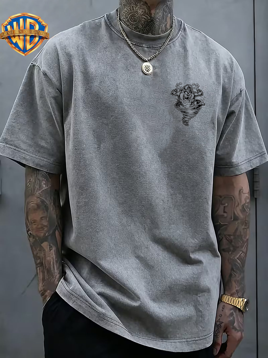Whirlpool Mouth Monster Print Washed T-Shirt, Men'S 100% Fabric, Casual Comfortable Style, Loose Fit Breathable Short Sleeve Men'S Casual Top, Distressed Washed Loose Fit - Grey