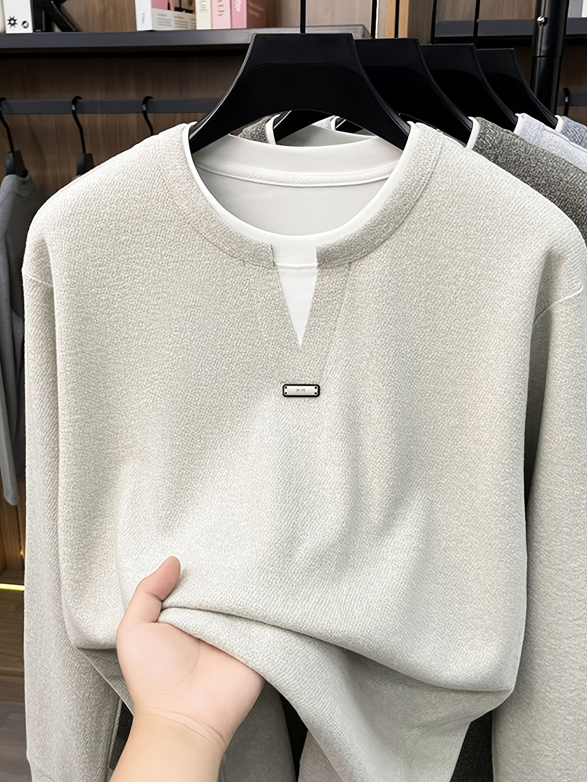 Men's 2-in-1 Look V-Neck Sweatshirt, Loose Drop Shoulder, Casual Pullover Long Sleeve, Suitable for Daily Commuting and Leisure. -SINBOS - Apricot