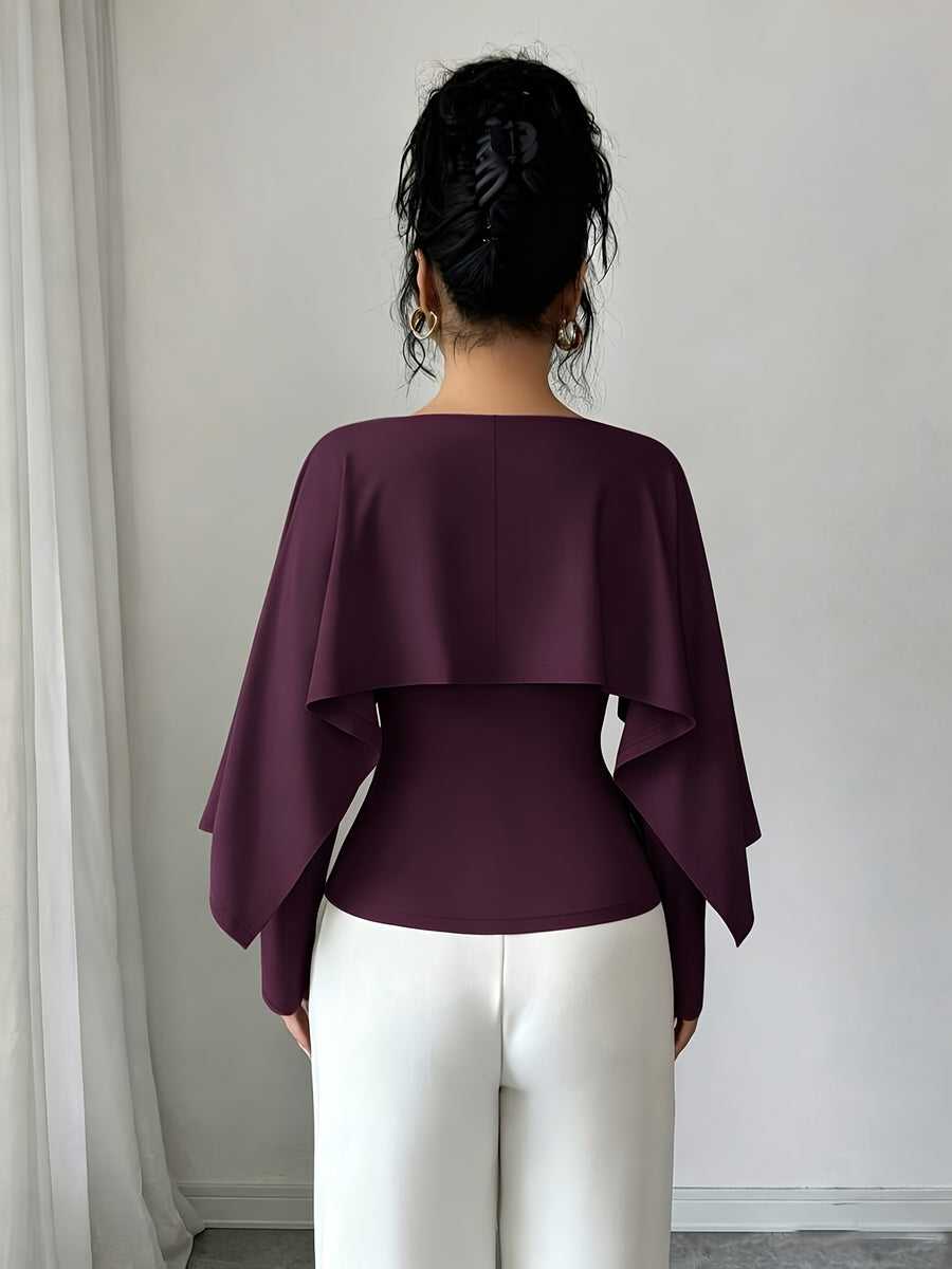 Women's Fashionable Solid-color V-neck Pleated Shawl-style Long-sleeved Fitted T-shirt with Side Pleats for Waist Shaping and an Irregular Shawl Design as a Base Layer T-shirt, Suitable for Early Autumn Season. - Purple