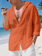 Men's Henley Shirt Linen Long Sleeve, Comfortable And Breathable Fabric, Suitable for Daily Outings, Outdoor Sports, Travel, And Vacation, Lightweight And Breathable Regular Fit, Ideal for Beach, Hiking, Evening Wear, And Casual Street Style - Orange
