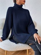 Women's New Arrival Elegant Casual Versatile Vacation Commute Office Sisters Outing Shopping Y2K Daily Wear Autumn Winter Solid Color High Neck Lapel Raglan Long Sleeve Top Spring Slit Hem Sweater Party Outfit Birthday Top Commute Wear Casual Wear - Navy blue color