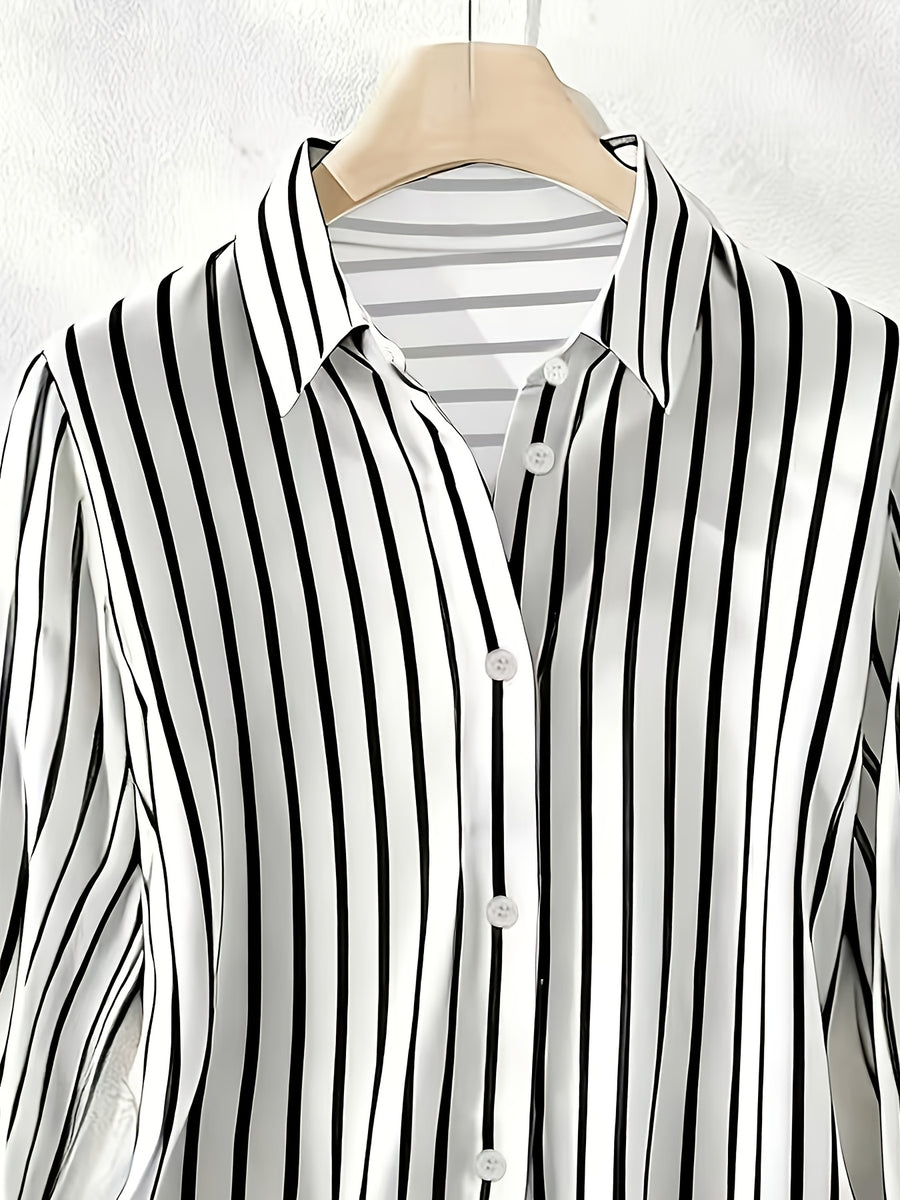 Spring/Autumn New Elegant Striped Long-Sleeve Women's Shirt, Single-Breasted Button-Front Blouse, Machine Washable, Suitable for Office, Commuting, or Formal Events, Office Attire, Sophisticated Casual - Black And White Stripes