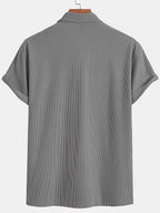 Summer Men'S Solid Color Pinstripe Corduroy Shirt, Lapel Double Pocket Design Loose All-Match Short Sleeve Shirt Jacket - Grey