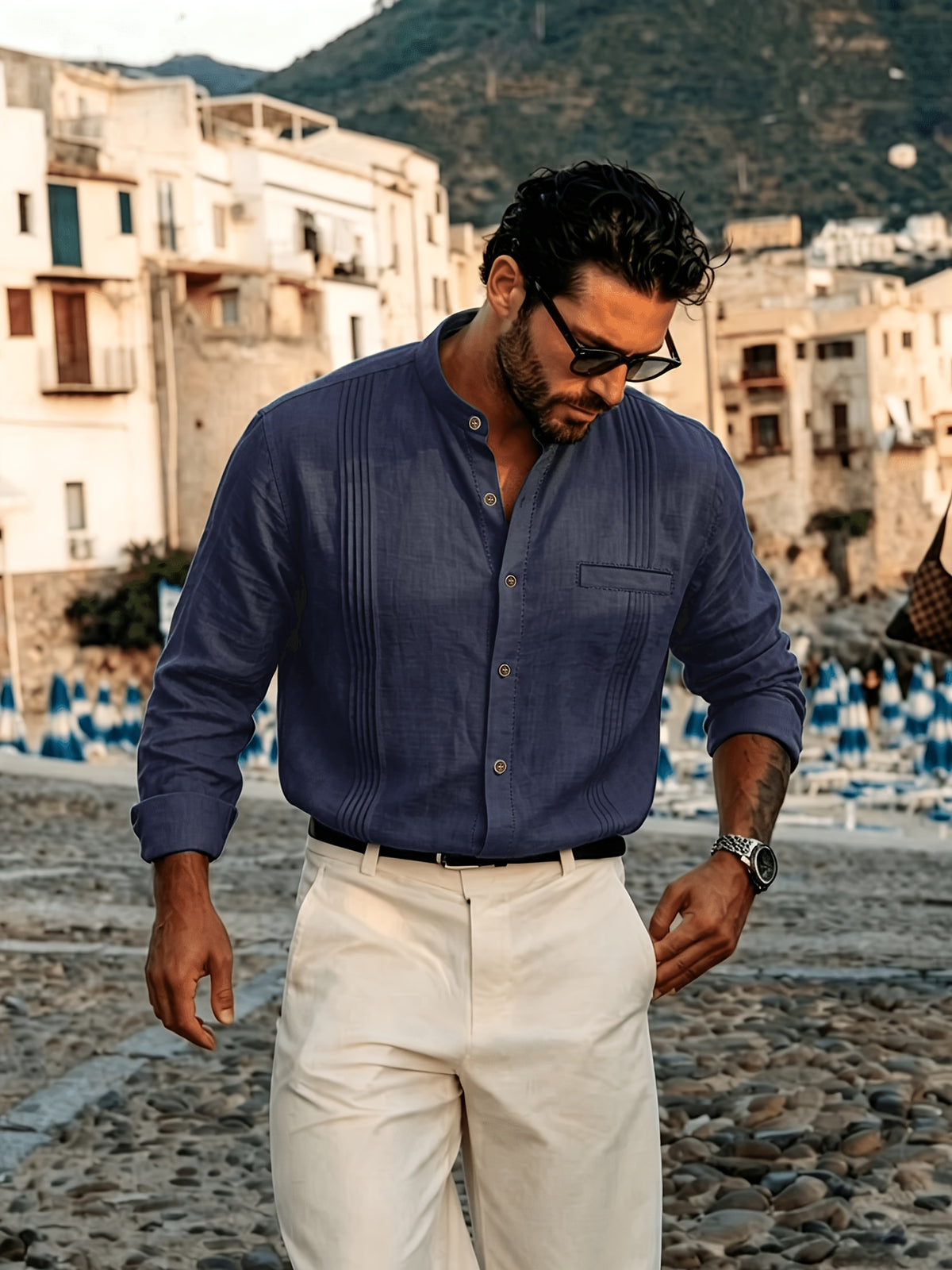 Men's Lightweight Breathable Linen Shirt with Stand-Up Collar & Roll-Up Sleeves - Retro Button-Front Suitable for Beach Vacation, Commuting, Casual Wear, Symmetrical Pleats, Single Pocket, Machine Washable Summer Top (Gift Selection) - Navy Color