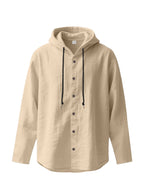 Men'S Solid Color Hooded Long Sleeve Shirt, Summer Breathable Casual Linen Top, Lightweight Loose Trendy Jacket - Khaki