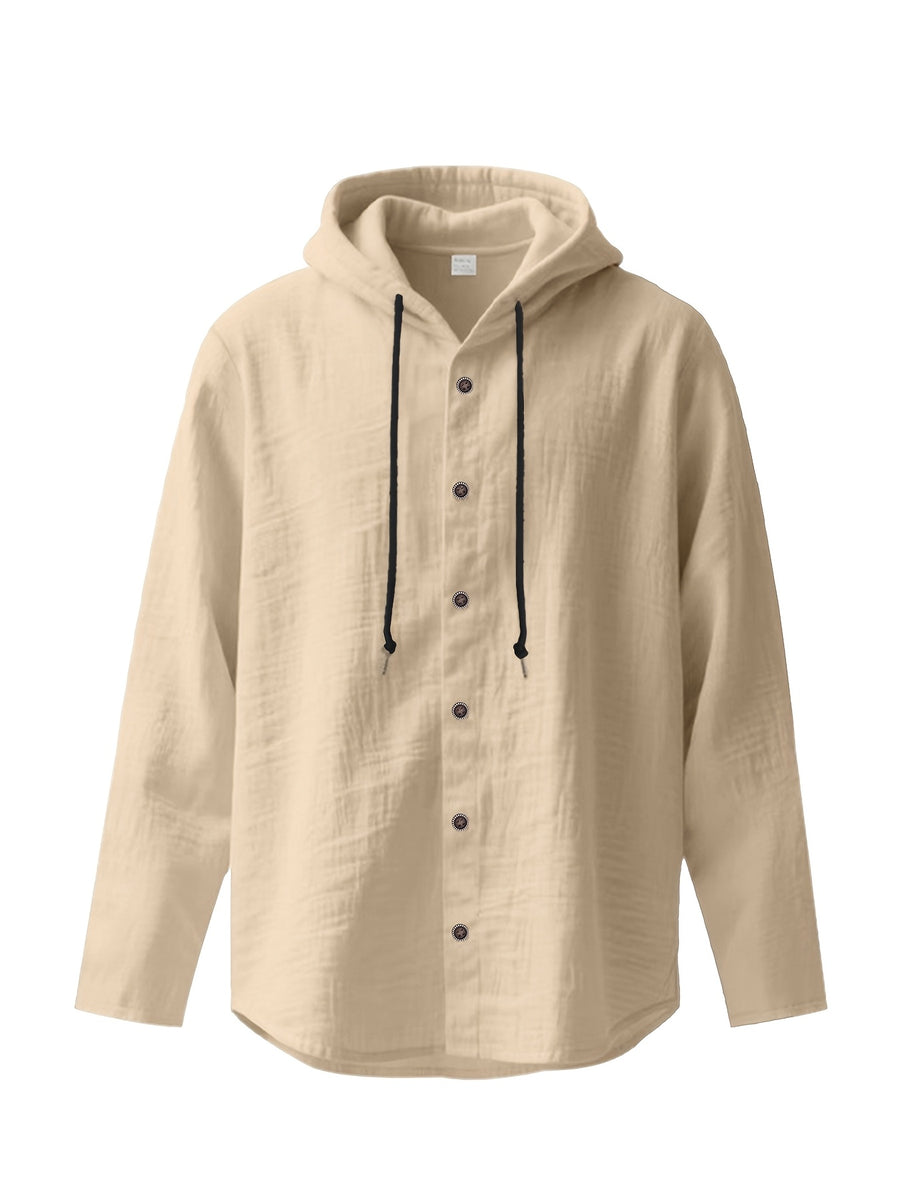 Men'S Solid Color Hooded Long Sleeve Shirt, Summer Breathable Casual Linen Top, Lightweight Loose Trendy Jacket - Khaki