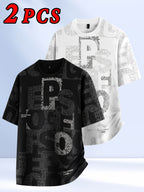 2pcs Men's Short Sleeve T-Shirts, Summer Fashion All-Over Print Short Sleeve Tees, Loose Fit Letter Print Stretch Short Sleeve Sport Tops, Youth Crew Neck Breathable Trendy T-Shirts, Suitable for Daily Wear, College, Street, and Sporty Outfits - 2pcs-white+black