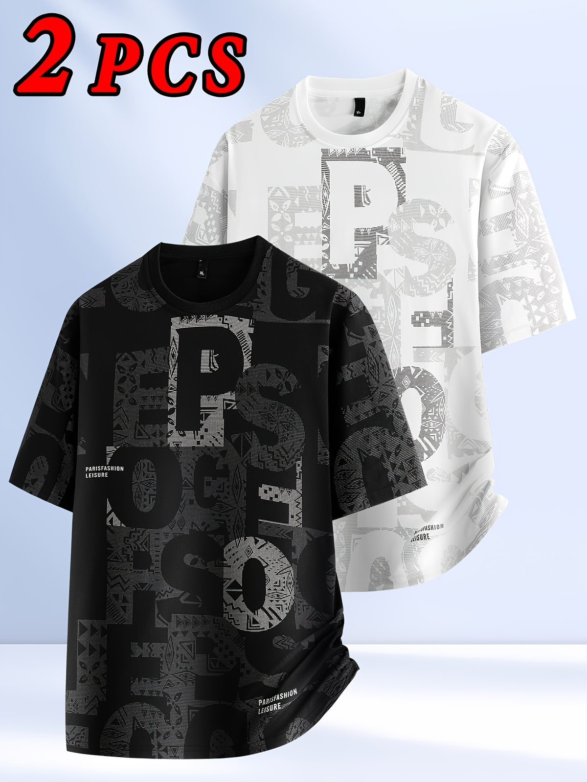 2pcs Men's Short Sleeve T-Shirts, Summer Fashion All-Over Print Short Sleeve Tees, Loose Fit Letter Print Stretch Short Sleeve Sport Tops, Youth Crew Neck Breathable Trendy T-Shirts, Suitable for Daily Wear, College, Street, and Sporty Outfits - 2pcs-white+black