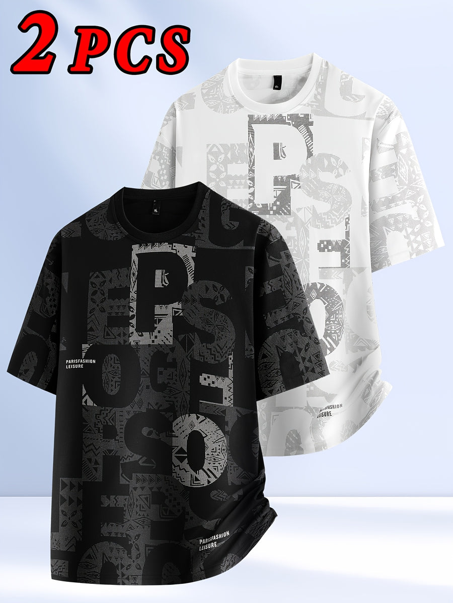 2pcs Men's Short Sleeve T-Shirts, Summer Fashion All-Over Print Short Sleeve Tees, Loose Fit Letter Print Stretch Short Sleeve Sport Tops, Youth Crew Neck Breathable Trendy T-Shirts, Suitable for Daily Wear, College, Street, and Sporty Outfits - 2pcs-white+black