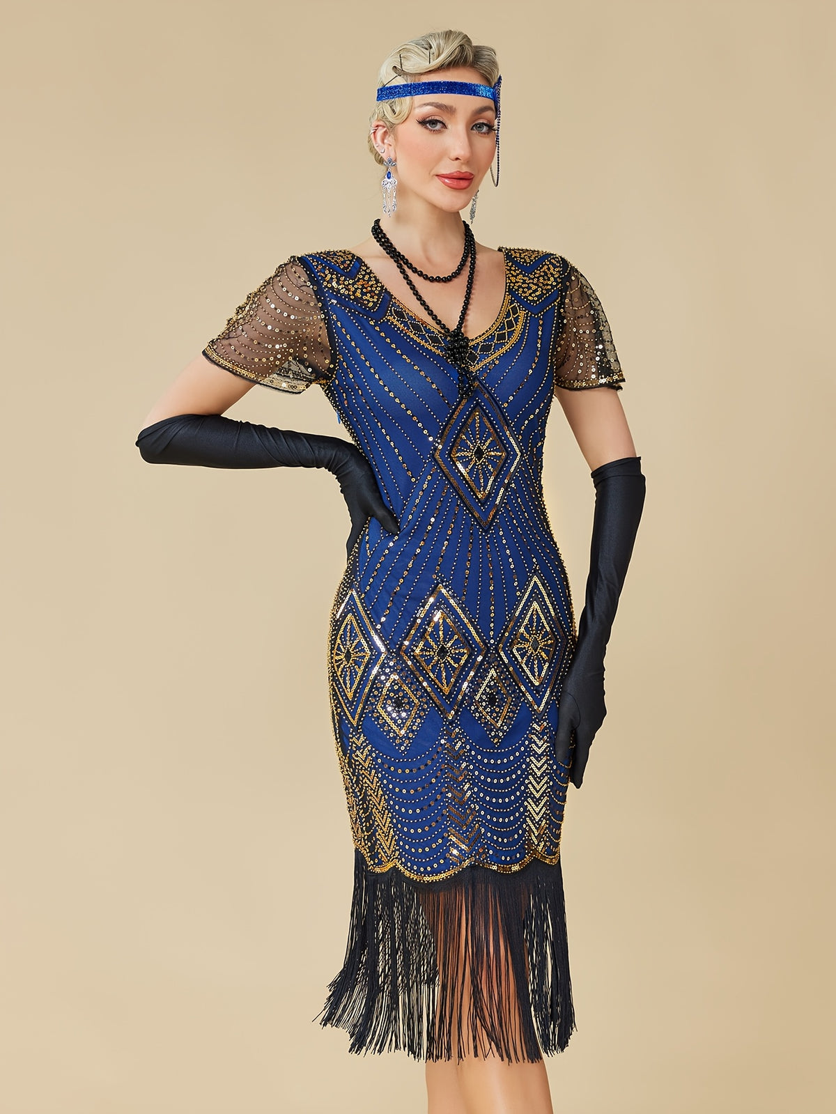 1920S Vintage Sequin Skirt Gatsby Ball Fringe Dress Party Evening Dance Dress Sequined Gown (Dress Solely, No Gloves) - Golden Blue