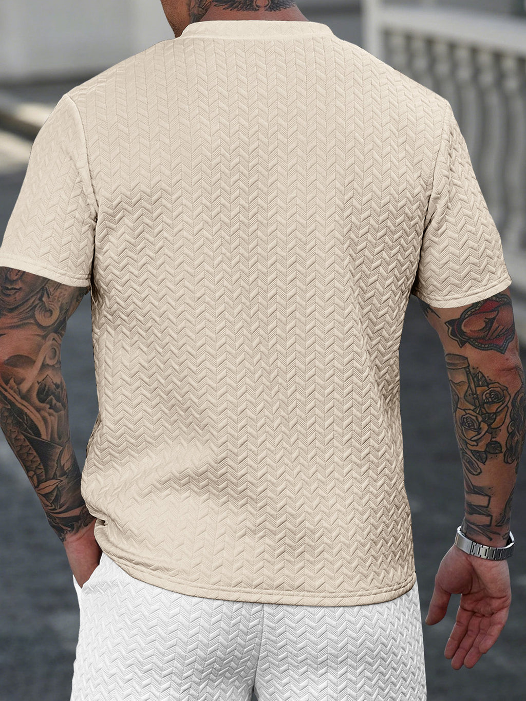 Men's Summer Short-Sleeve Henley Shirt with Button Collar - Breathable Jacquard Textured Crew Neck T-Shirt, Button-Front Placket Suitable for Outdoor & Daily Wear, Machine Washable Casual Button-Up Henley Button Shirt - Apricot