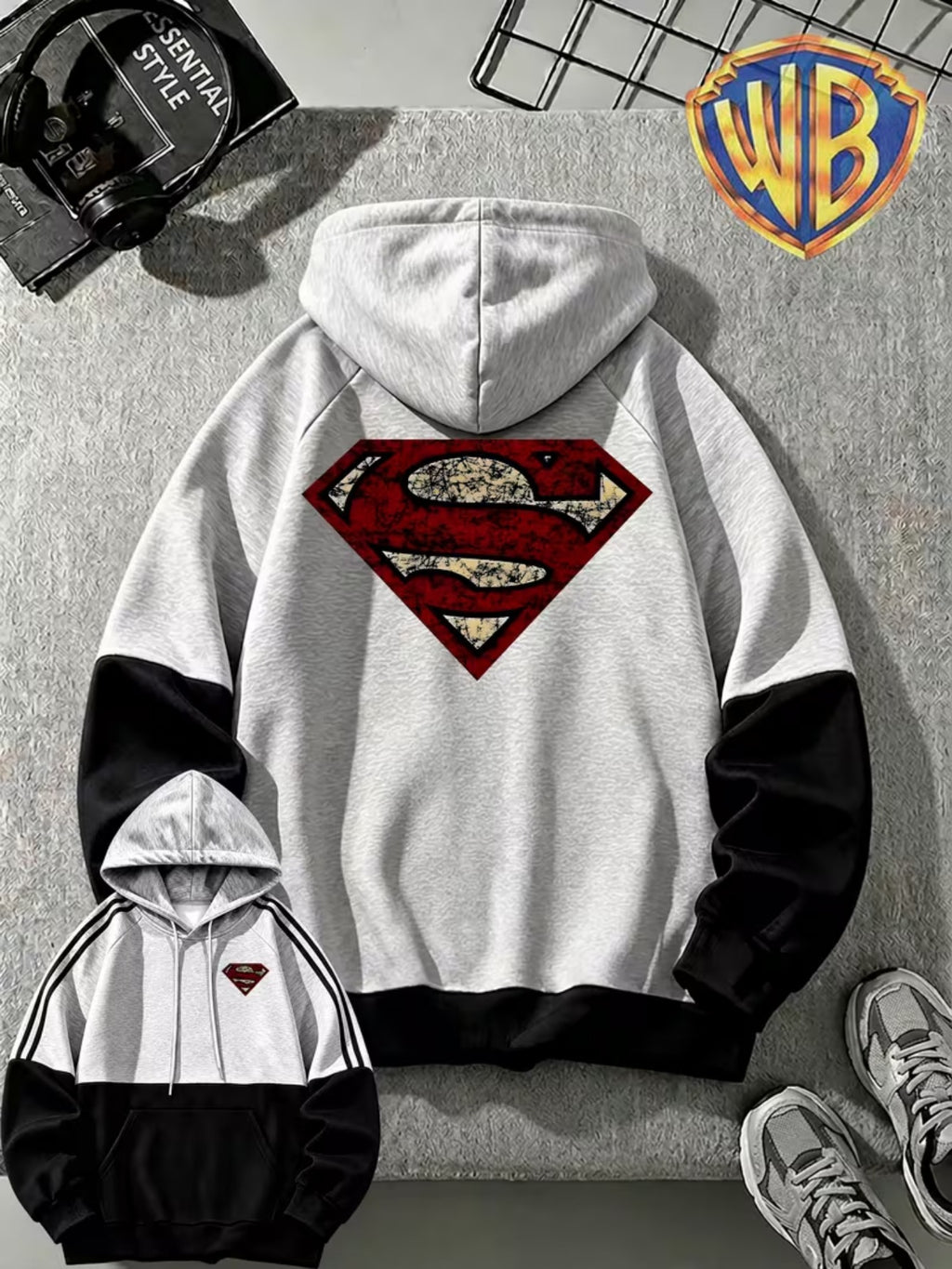 [Warner Bros. Official] Autumn/Winter New Arrival Men's Striped Long-Sleeve Hooded Sweatshirt, DC Superman Vintage Distressed Crackle Print, Outdoor Sweatshirt, Color-Block Patchwork Design Fashion Streetwear Sweatshirt, Daily Casual Wear - Black With Light Gray