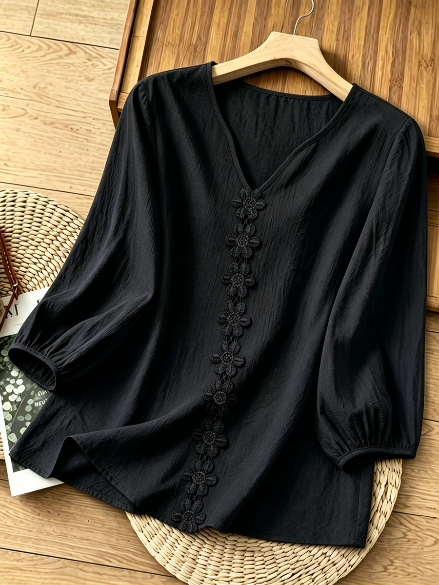 French-Style Gentle Textured Shirt with V-Neck, Lace Floral Design, Lantern Sleeves, Loose Fit, Relaxed Style, Versatile Daily Top - Black