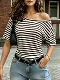 Women'S Fashion Off-Shoulder Striped Short Sleeve T-Shirt, Casual Drop Shoulder Regular Fit Top, Summer Trendy Street Style Versatile Base Layer, Machine Washable - coffee white stripes