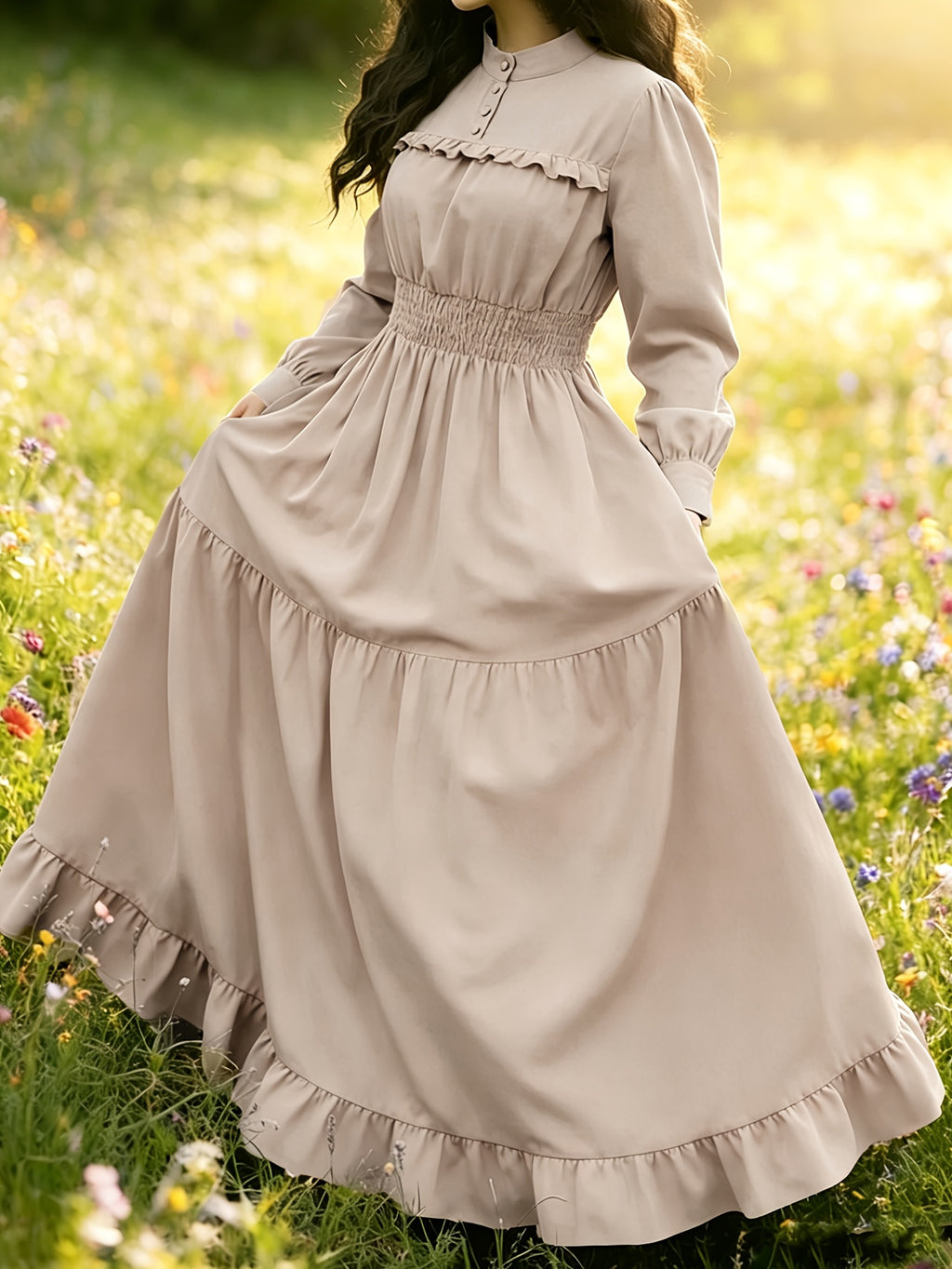 Spring Summer Court Style Olive Green Stand-Up Collar Dress, Wood Ear Trim Puff Sleeve Cable Waist, Vintage Elegant Flared Long Skirt Women'S 3A11378-1 - Tawny